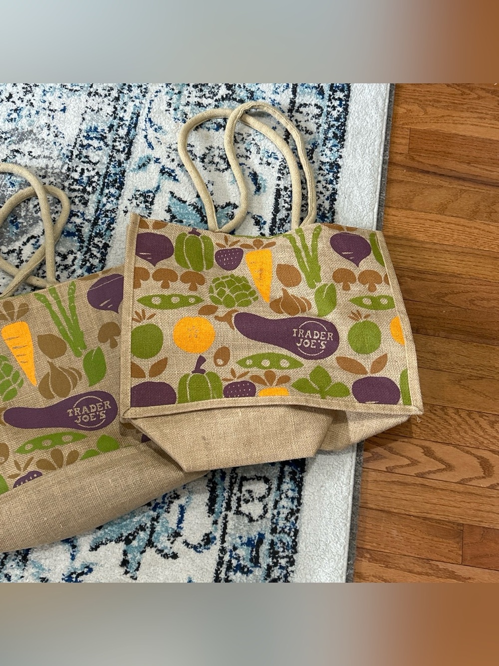 Bundle of 2Trader Joe's jute tote bag features a colorful vegetable pattern - Picture 2 of 3